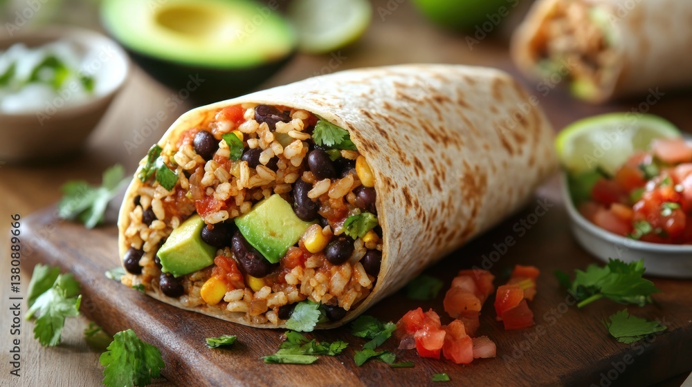 Delicious vegan burrito filled with rice, beans, avocado and salsa close-up shot