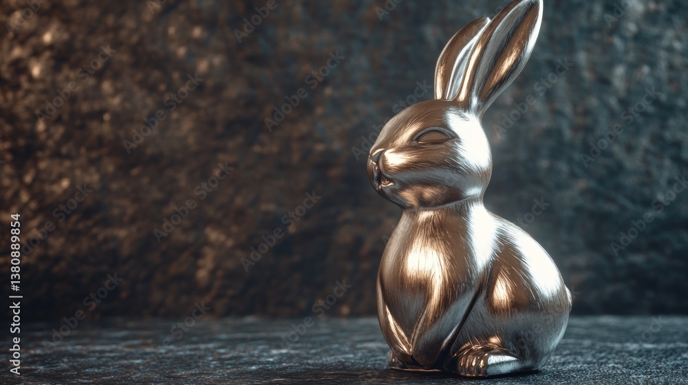 Metallic Bunny Figurine Sitting on a Dark Textured Surface