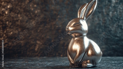 Obraz na płótnie Metallic Bunny Figurine Sitting on a Dark Textured Surface w salonie