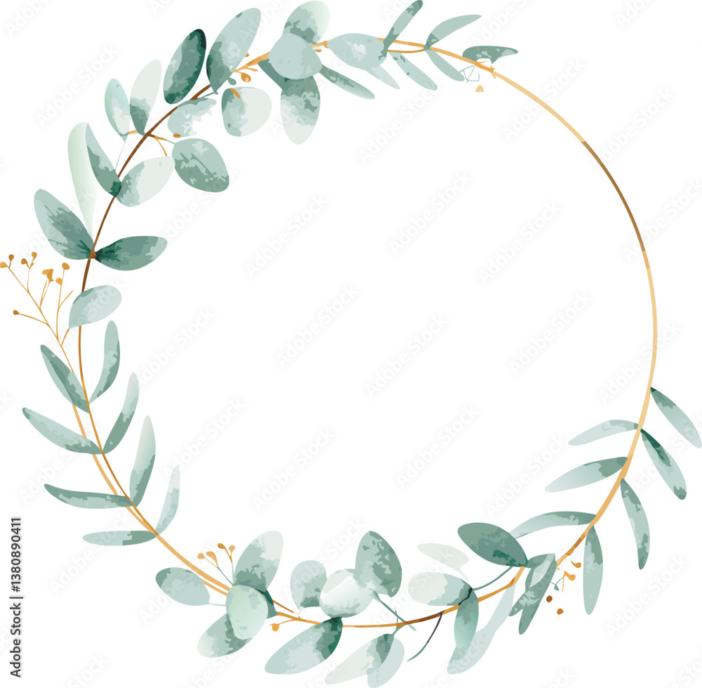 Obraz premium Elegant Watercolor Eucalyptus Gold Wreath Frame Design Template