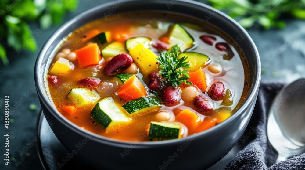 A delicious and colorful vegetable soup featuring zucchini, beans and other healthy ingredients