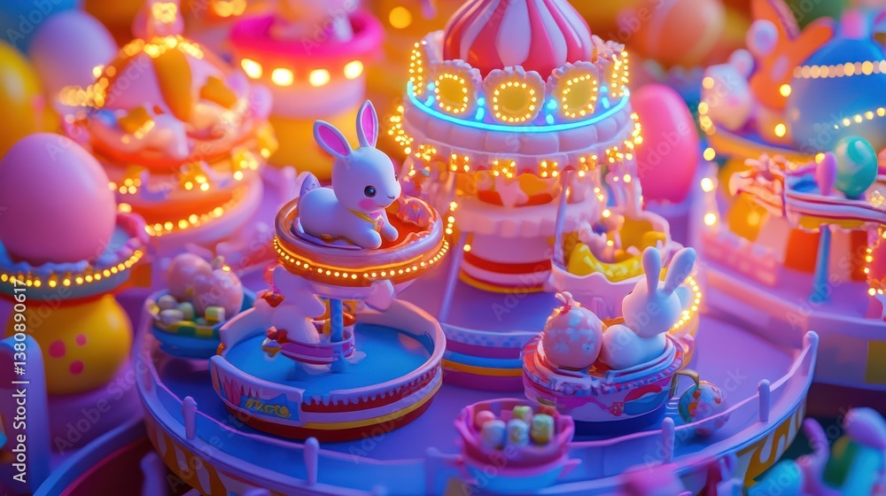Whimsical Easter Carnival: A 3D Isometric Wonderland with Bunnies and Festive Treats