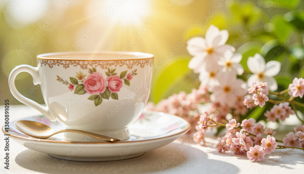 Delicate porcelain teacup with floral pattern in morning sunlight, elegance Delicate porcelain teacup with floral pattern in morning sunlight, elegance