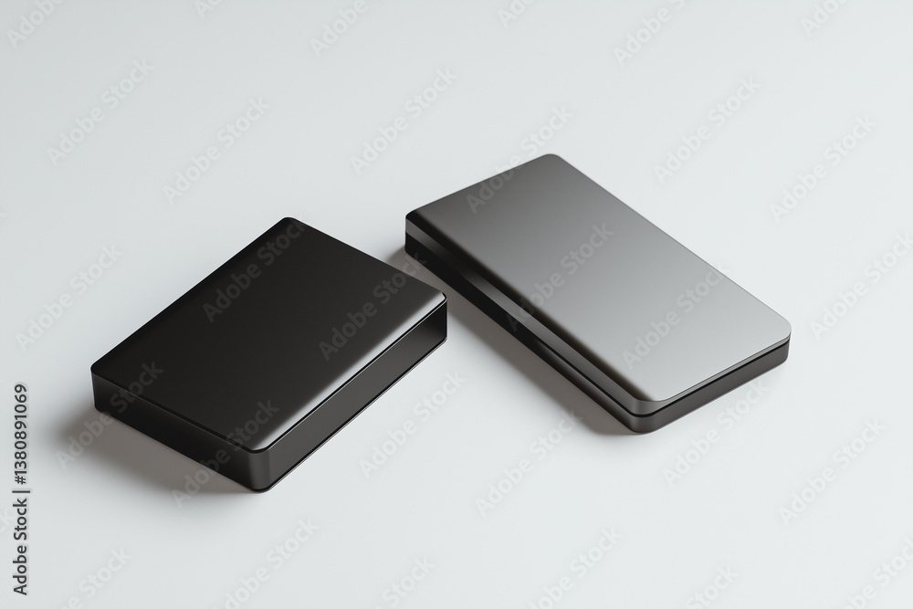 Minimalist external hard drive packaging with sleek metallic aesthetics, modern tech concept, white background
Minimalist external hard drive packaging with sleek metallic aesthetics, modern tech concept, white background
