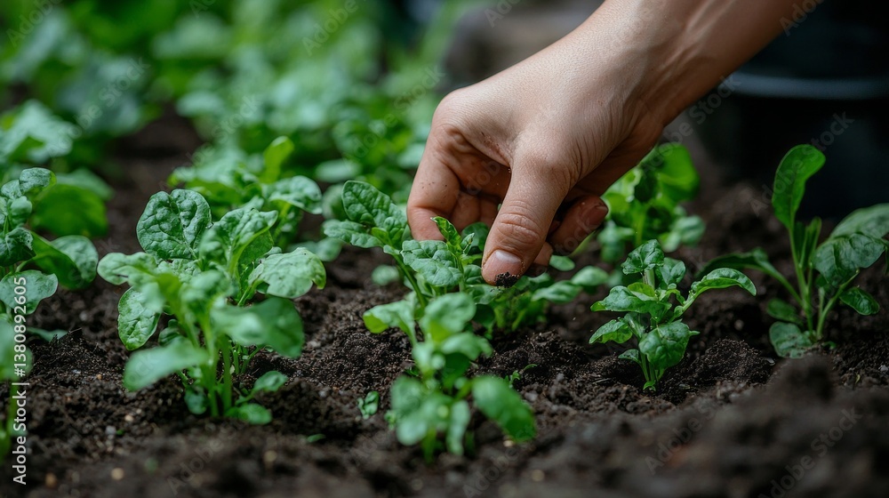 A hand is reaching into a garden of green plants A hand is reaching into a garden of green plants