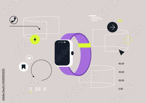 Showcasing smart watch screens, each displaying unique functionalities and designs, This imaginative representation highlights modern technology and its impact on daily life