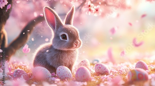 Obraz na płótnie Bunny in a Blossom Field with Pink Decorated Eggs Holiday Scene w salonie