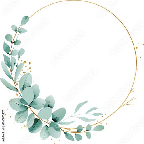 Elegant Watercolor Eucalyptus Wreath, Gold Circle Frame, Botanical Design