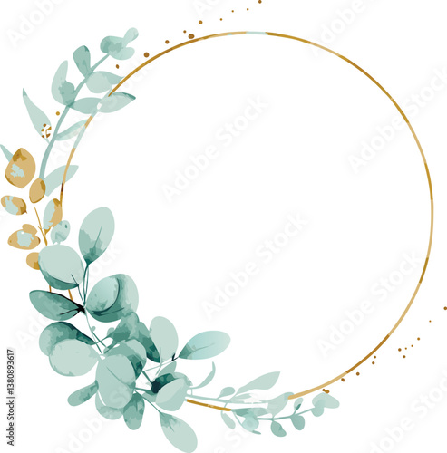 Elegant Gold Circle Watercolor Eucalyptus Frame Wreath Design