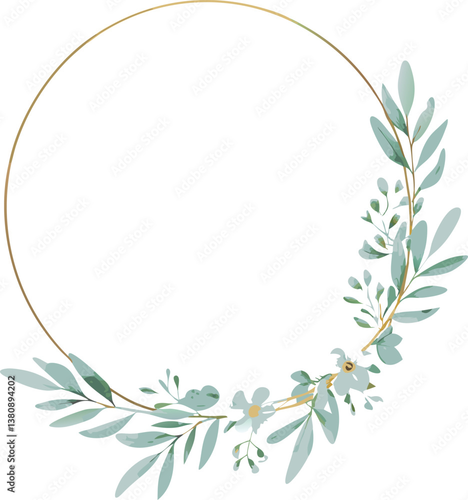 Fototapeta premium Elegant Gold Circular Frame with Delicate Greenery and Flowers