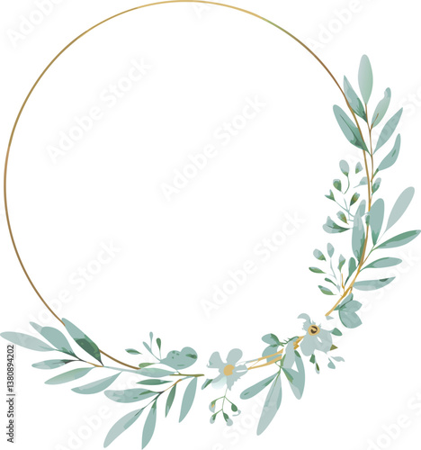 Elegant Gold Circular Frame with Delicate Greenery and Flowers