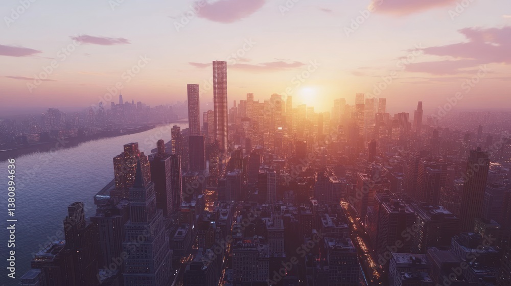 Panoramic aerial view of a vibrant cityscape bathed in warm sunset light