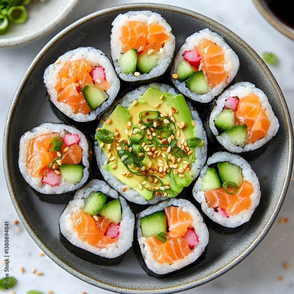 Delectable Sushi Array: Exquisite sushi rolls presented on a plate, a symphony of flavors and textures, this photo offers a feast for the eyes and a promise of culinary delight. Delectable Sushi Array: Exquisite sushi rolls presented on a plate, a symphony of flavors and textures, this photo offers a feast for the eyes and a promise of culinary delight.