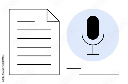 Black microphone with blue circle, paper with text lines. Ideal for transcription, note-taking, audio-to-text conversion, content creation, writing, productivity education. Flat simple metaphor