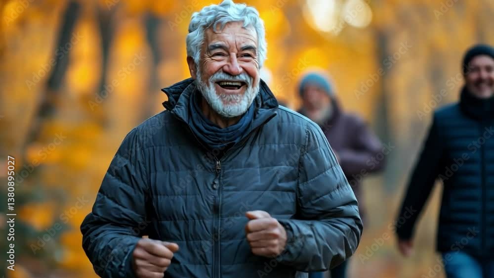 Joyful Jog: An elderly man exudes pure joy as he runs through the crisp autumn air, framed by a vibrant display of fall foliage, and is surrounded by friends. Capturing the essence of health. Joyful Jog: An elderly man exudes pure joy as he runs through the crisp autumn air, framed by a vibrant display of fall foliage, and is surrounded by friends. Capturing the essence of health.