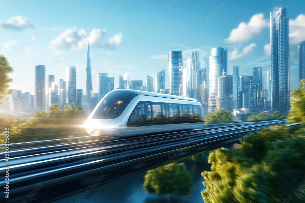 Futuristic train gliding past a modern skyline with skyscrapers and greenery. Futuristic train gliding past a modern skyline with skyscrapers and greenery.