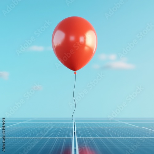 Red balloon lifting solar panels in a renewable energy concept