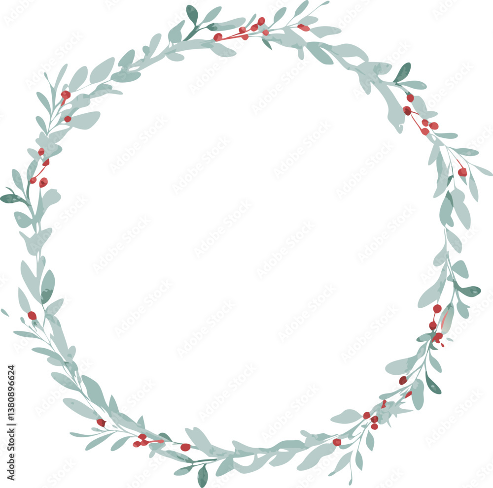 Fototapeta premium Elegant Greenery Wreath, Circular Frame, Watercolor Leaves, Red Berries, Festive Design, Botanical I