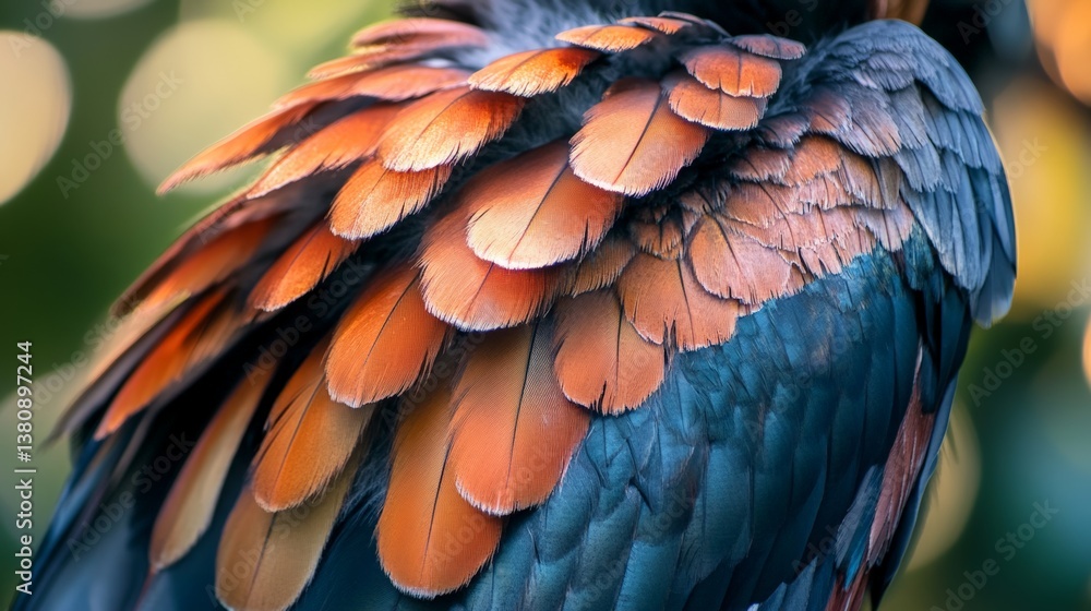 Obraz premium Close-up of vibrant multicolored bird feathers with soft focus background.