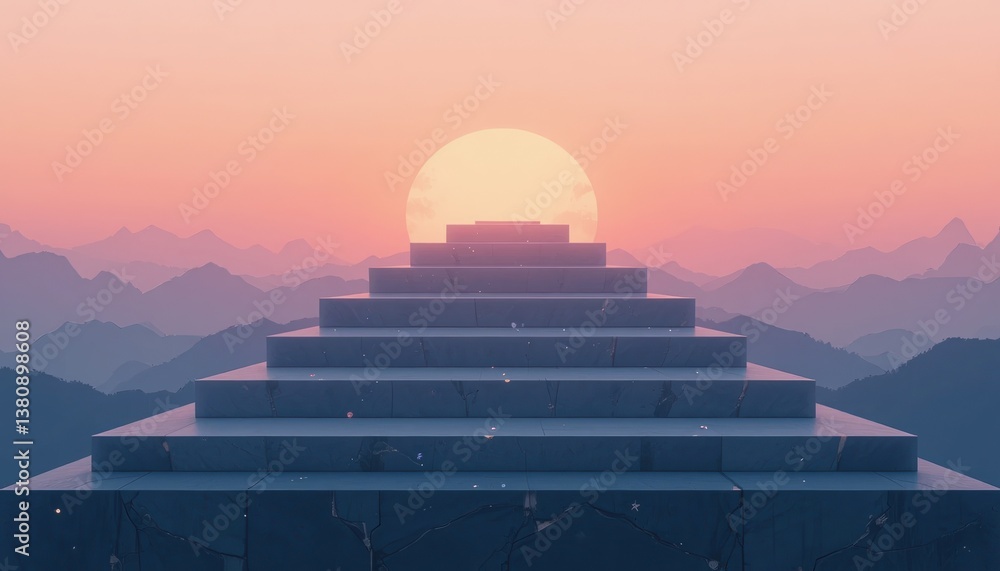 Obraz premium Sunrise over mountain steps scenic landscape digital art tranquil atmosphere perspective view inspiration for personal growth