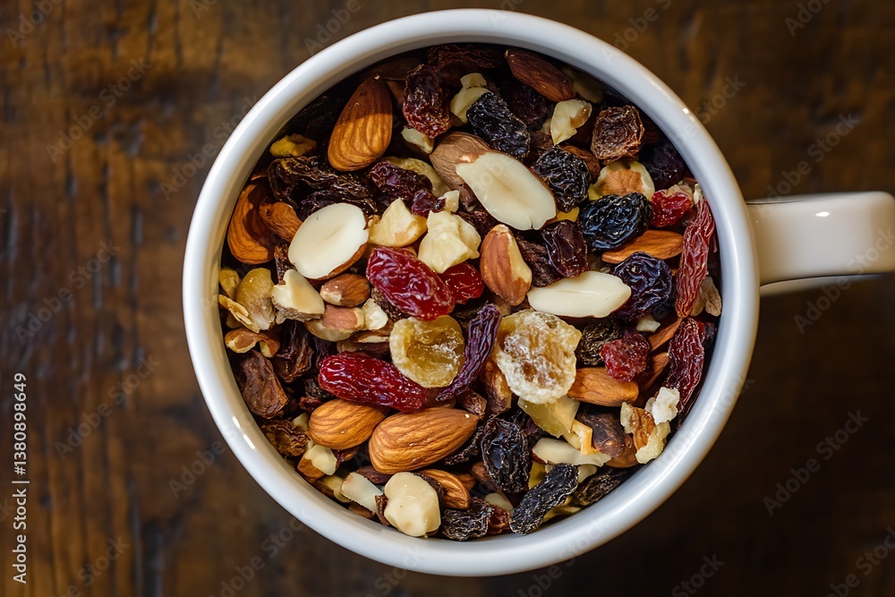 A vibrant mix of dried fruits and nuts, a wholesome and delicious snack perfect for an energizing afternoon, nestled in a rustic white mug against a dark wooden background. A vibrant mix of dried fruits and nuts, a wholesome and delicious snack perfect for an energizing afternoon, nestled in a rustic white mug against a dark wooden background.