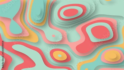Abstract 3D multi layer paper cut geometric pattern topography background. Colorful paper cut wave abstract background. Vector illustration.