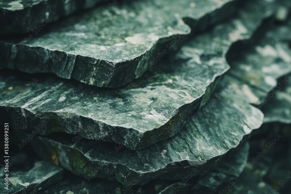 Obraz premium Close-up of natural slate stone layers with rough texture and greenish hue