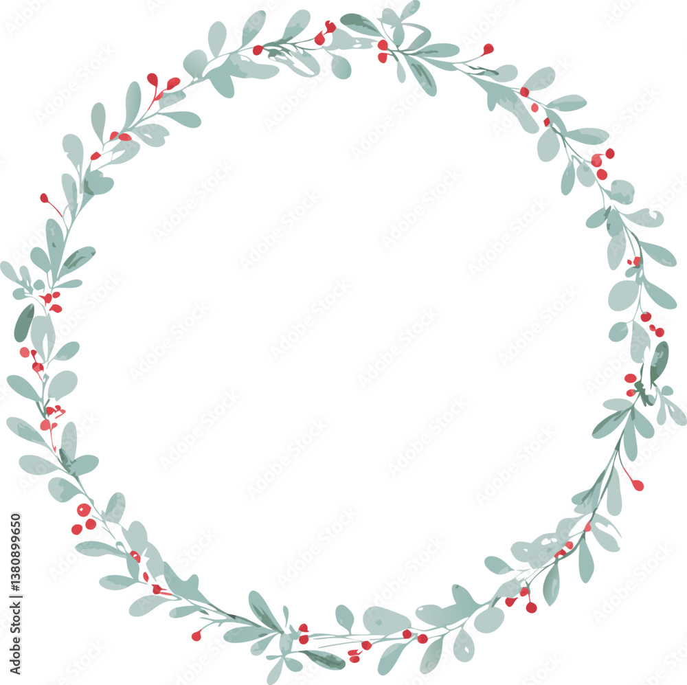Obraz premium Elegant Watercolor Wreath Teal Leaves, Red Berries, Circular Frame