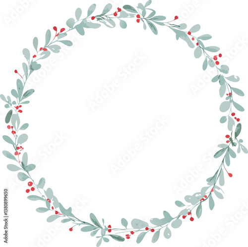 Elegant Watercolor Wreath Teal Leaves, Red Berries, Circular Frame