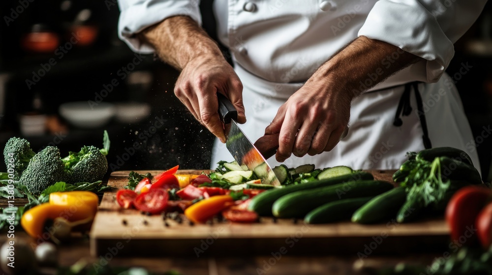 Professional chef expertly chopping fresh vegetables with precision for fine dining
