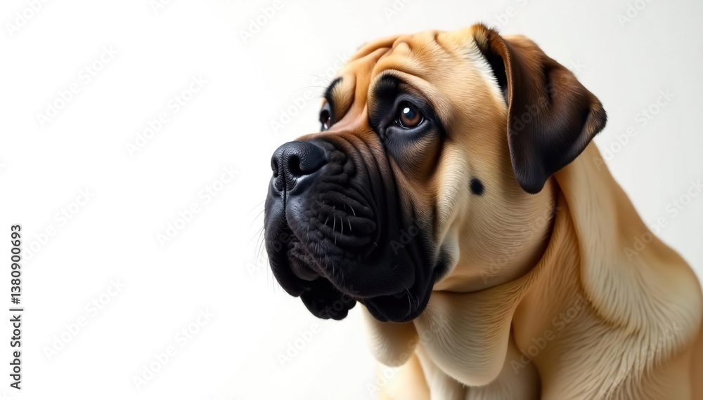 Fototapeta premium Imposing mastiff, attentive gaze, pure white backdrop, portrait, dog breed