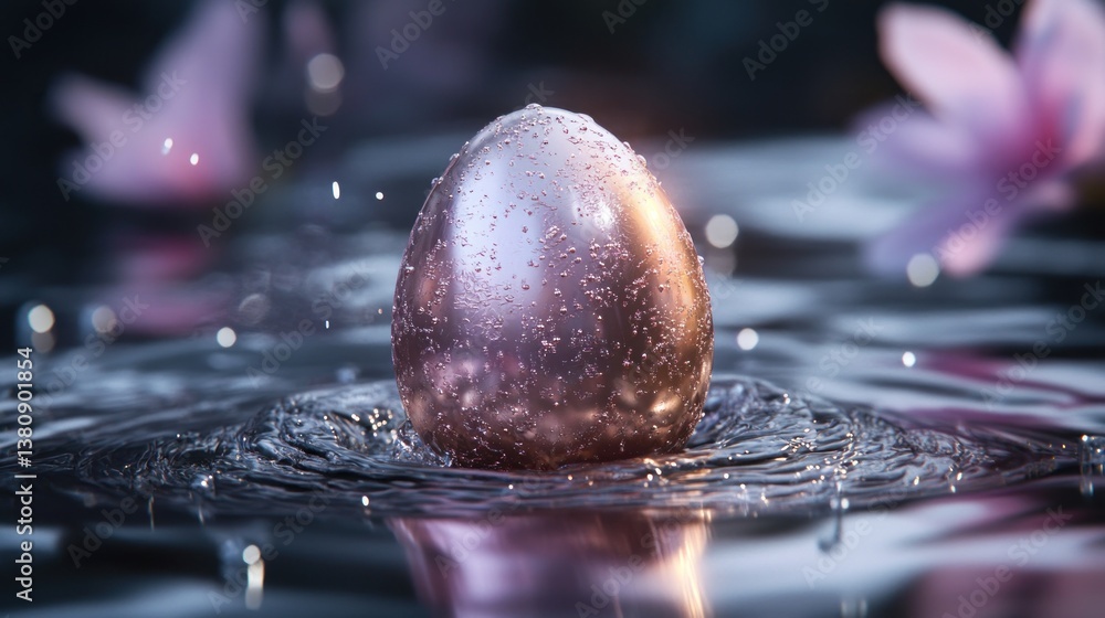 Floating Metal Egg Sparkling in Water with Flower in Background