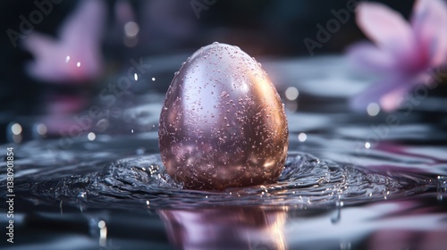 Obraz na płótnie Floating Metal Egg Sparkling in Water with Flower in Background w salonie