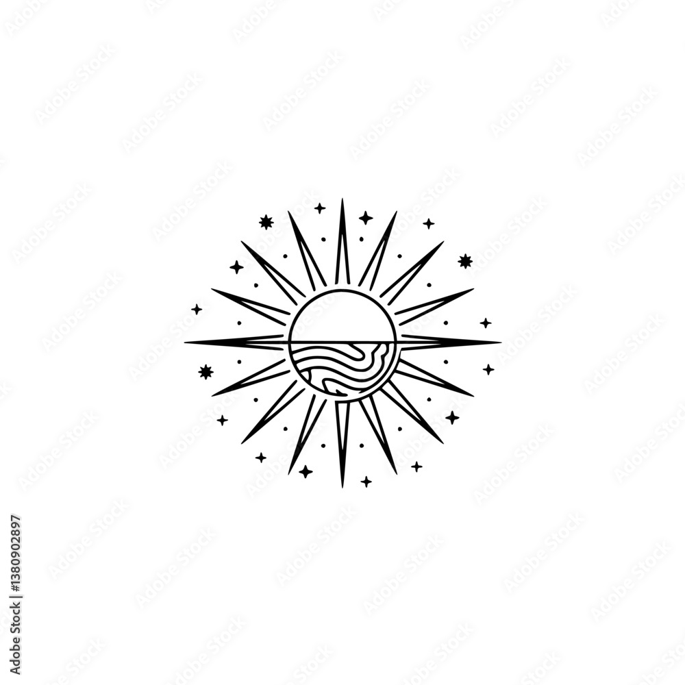 Obraz premium Celestial Sun and Sea Line Art, Boho Design Element