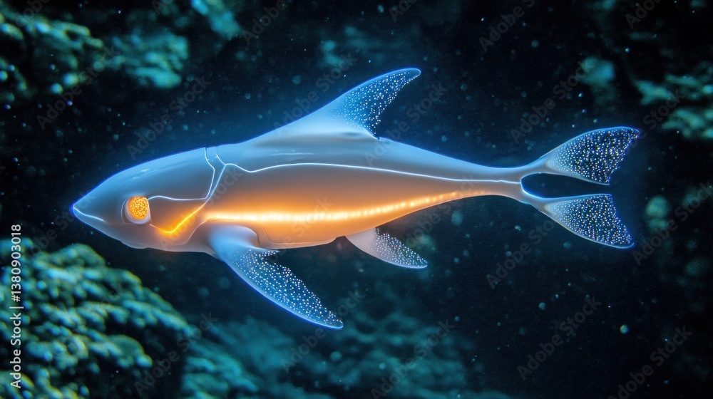 Fototapeta premium Luminous Aquatic Creature: A Glowing Fish in the Ocean Depths