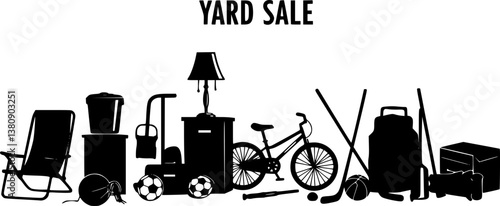 Yard sale vector silhouette banner with assorted household and sport items. vector set