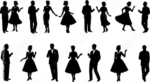 Vector silhouette of people dressed in 1950s fashion at the party, socializing. vector set