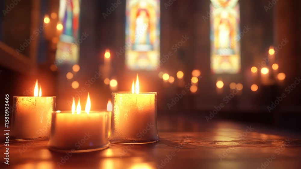 A row of lit candles in varying sizes is placed in front of a blurred background A row of lit candles in varying sizes is placed in front of a blurred background