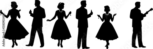 Vector silhouette of people dressed in 1950s fashion at the party, socializing. vector set