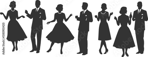Vector silhouette of people dressed in 1950s fashion at the party, socializing. vector set