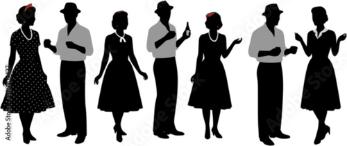 Vector silhouette of people dressed in 1950s fashion at the party, socializing. vector set