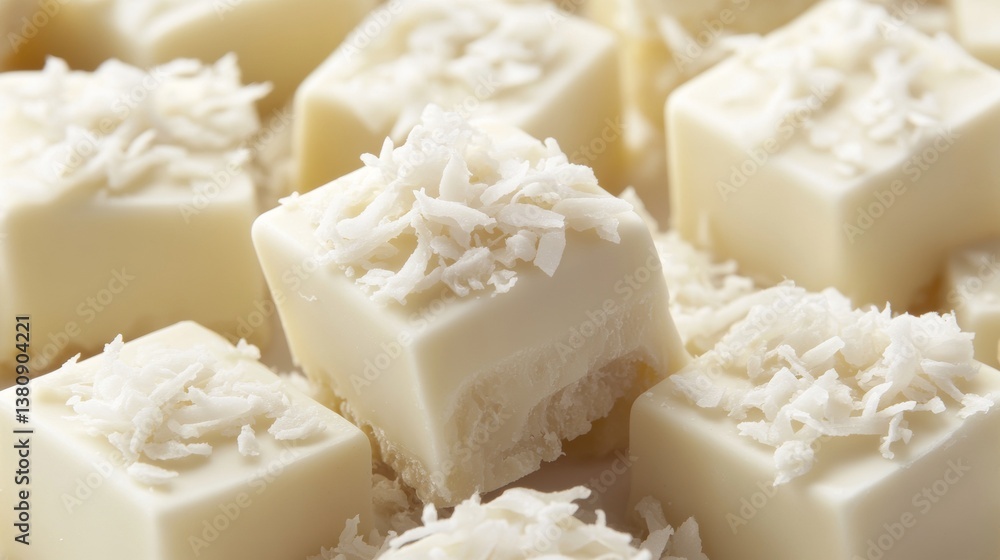 White Chocolate Candy With Coconut Topping On White Background. Food.