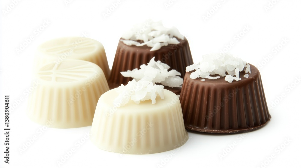 White Chocolate Candy With Coconut Topping On White Background. Food.