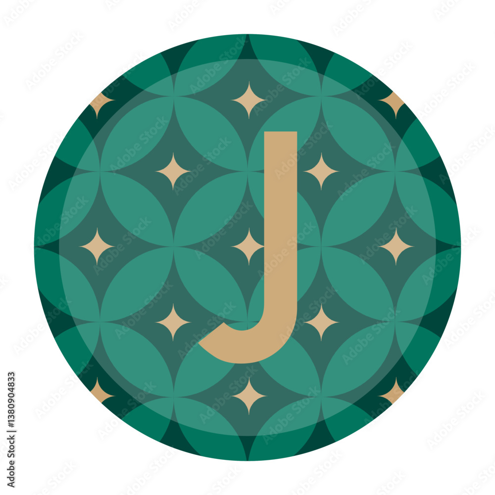A stunning vector art featuring a letter J in gold, surrounded by an intricate geometric floral pattern within a green circle. Great for decorative and professional design applications. A stunning vector art featuring a letter J in gold, surrounded by an intricate geometric floral pattern within a green circle. Great for decorative and professional design applications.