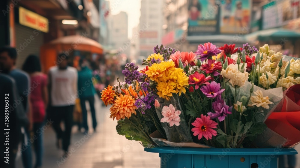 Vibrant flower bouquets for sale in the heart of a bustling city center