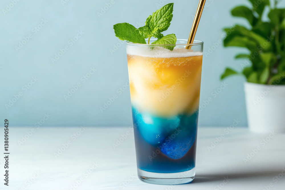 Colorful layered drink with mint garnish and straw in glass on white table. Refreshing and visually appealing. Colorful layered drink with mint garnish and straw in glass on white table. Refreshing and visually appealing.