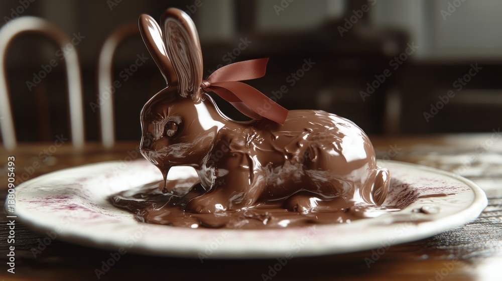 Chocolate Rabbit Dessert with Ribbon Bow on Plate Delicious Treat