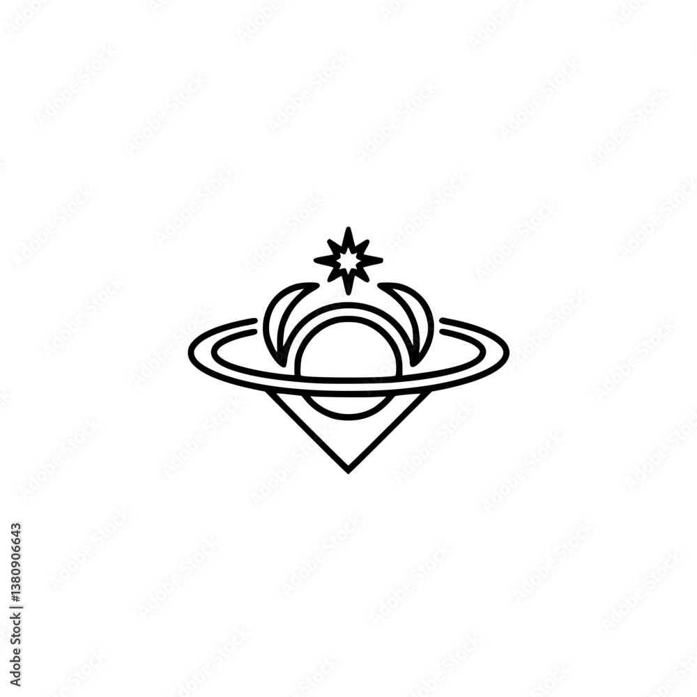 Minimalist Space Icon: Planet, Crown, Star - Black Outline Design Minimalist Space Icon: Planet, Crown, Star - Black Outline Design