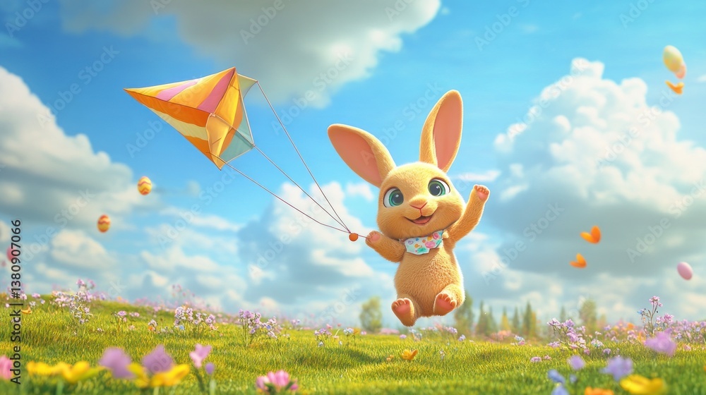 Cartoon Rabbit Flying Kite Over Flower Meadow Under Blue Sky