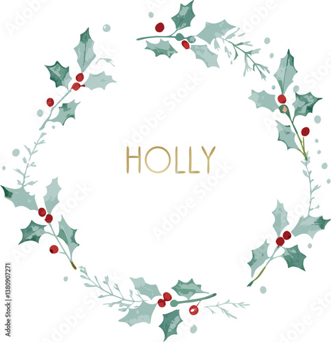 Elegant Holly Wreath Christmas, Winter, Festive, Botanical, Holiday